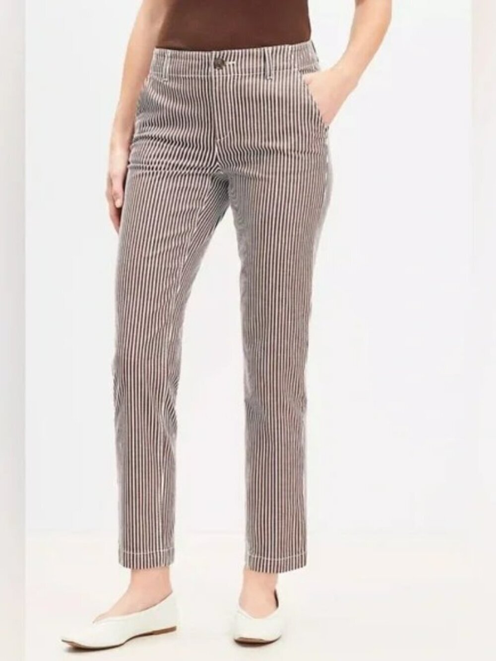 LOFT Monroe Slim Brown Pinstripe Straight Leg Pant Size 12 Career Casual Preppy